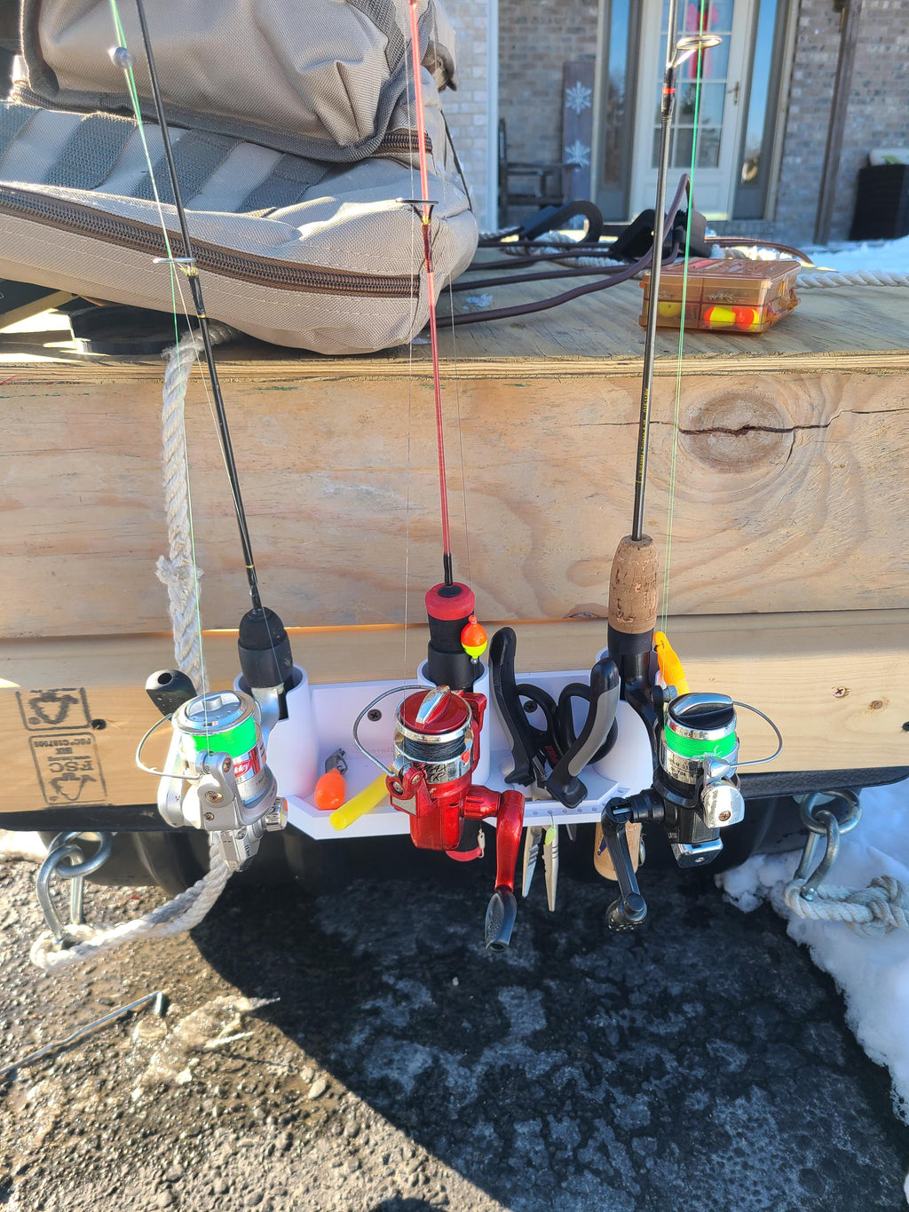Ice Fishing 3 Rod Holder: Sled/Wall Mount with Optional Tool Holder - White Version