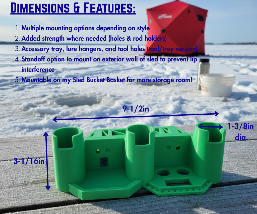 Ice Fishing 3 Rod Holder: Sled/Wall Mount with Optional Tool Holder