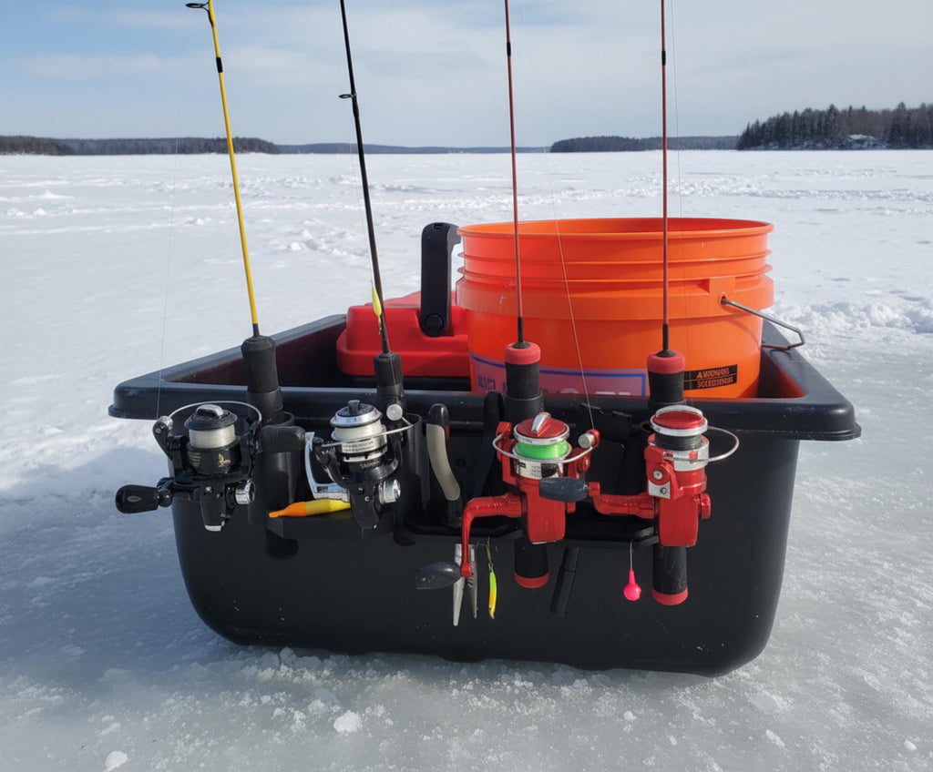 Ice Fishing Rod Holder: 4-Rod Sled/Wall Mount with Optional Tool Holder - White Version