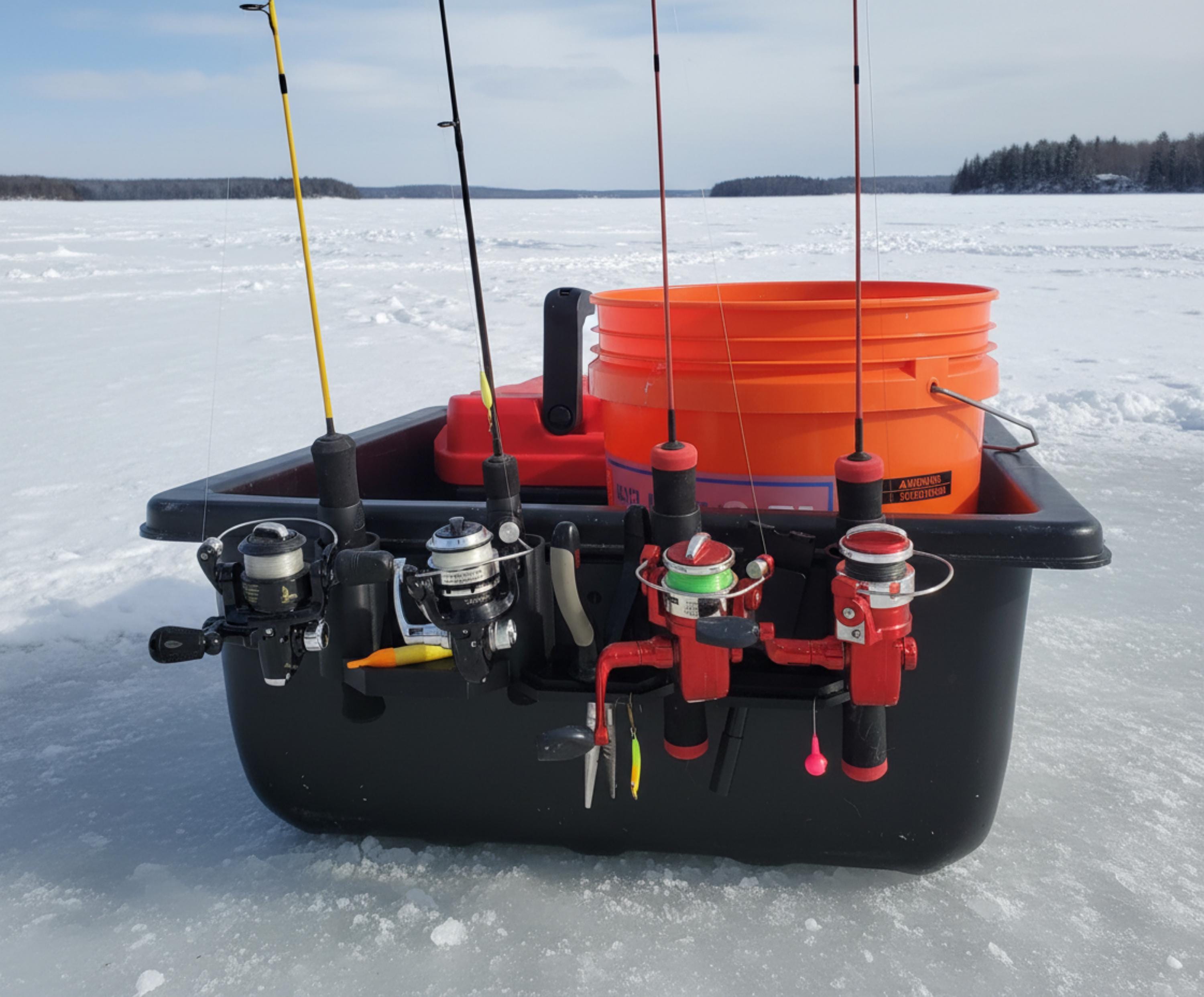 Ice Fishing Rod Holder: 4-Rod Sled/Wall Mount with Optional Tool Holder - White Version